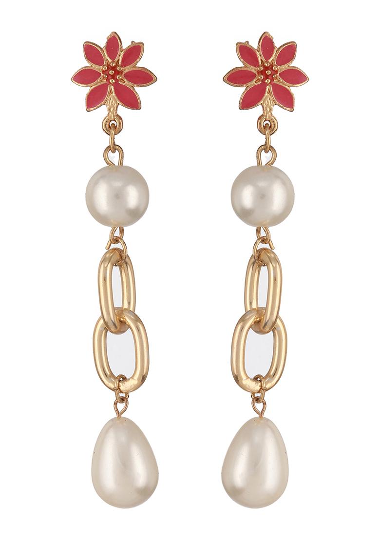 Gold Plated Pearl Beaded Floral Drop Earrings