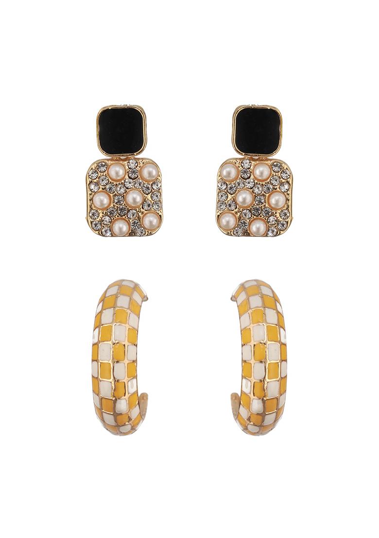 Set Of 2 Cubic Zirconia Studded Contemporary Half Hoop Earrings