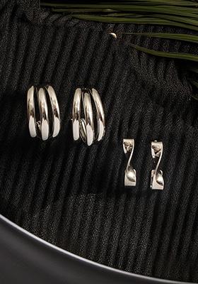 Silver Set Of 2 Silver Plated Circular Half Hoop Earrings