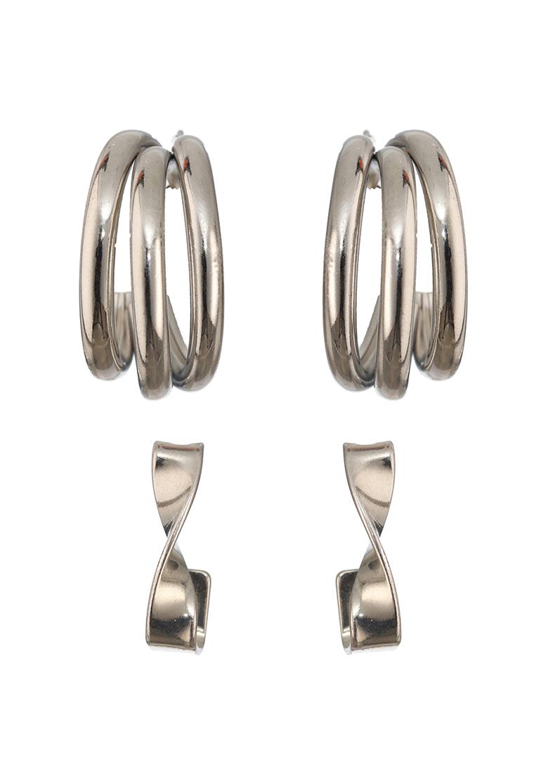 Silver Set Of 2 Silver Plated Circular Half Hoop Earrings