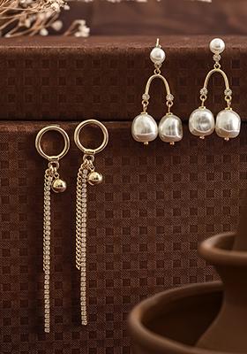 Multi Set Of 2 Gold Plated Pearl Beaded And Cz Studded Drop Earrings