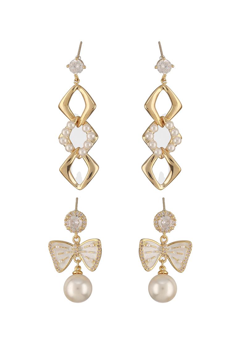 Set Of 2 Gold Plated Pearl Beaded And Cz Studded Contemporary Drop Earrings