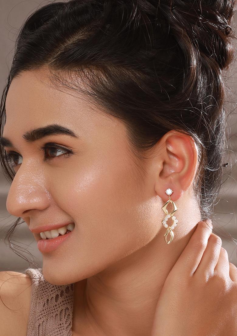 Set Of 2 Gold Plated Pearl Beaded And Cz Studded Contemporary Drop Earrings