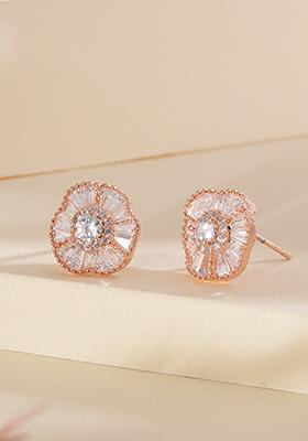 Rose Gold Plated American Diamond Studded Floral Stud Earrings