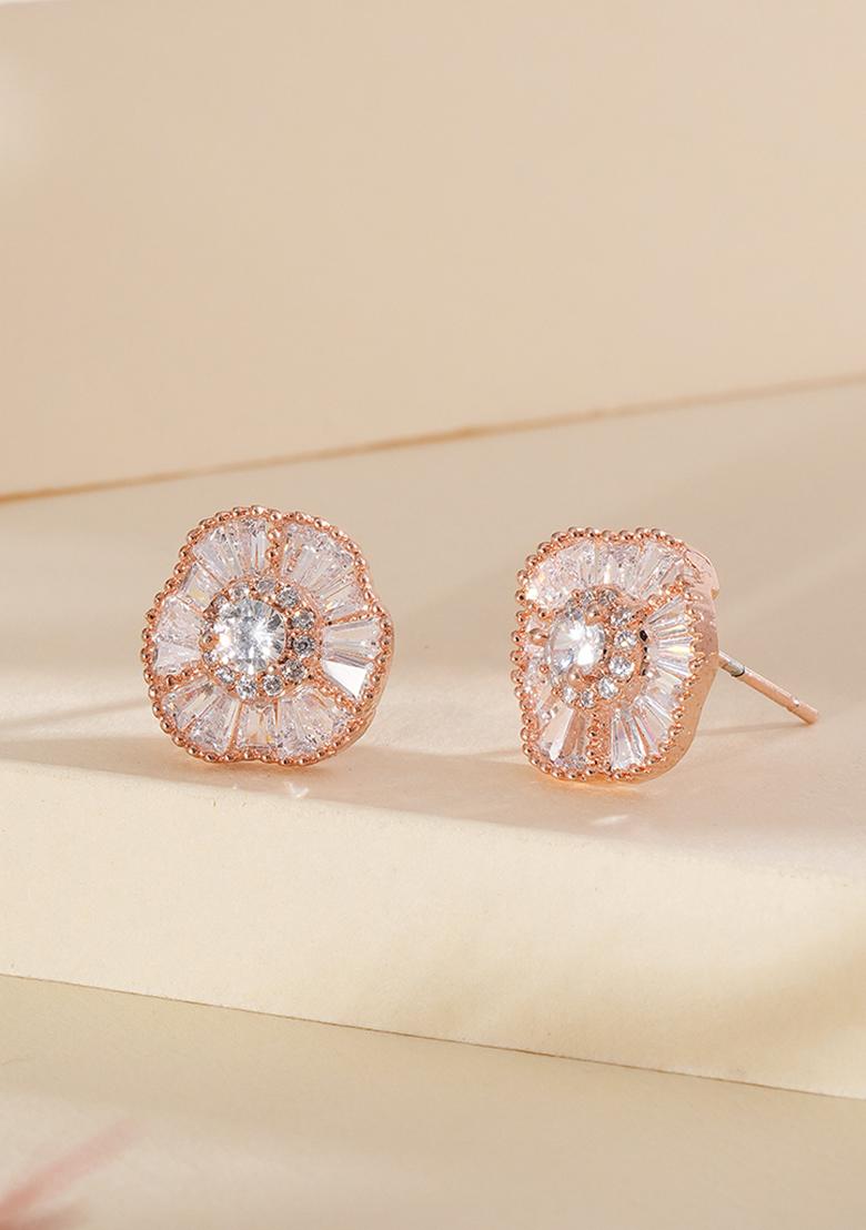 Rose Gold Plated American Diamond Studded Floral Stud Earrings