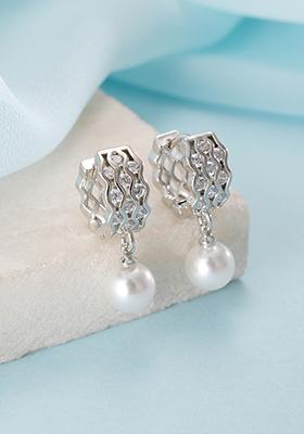 Silver Plated Pearl Beaded Contemporary Hoop Earrings