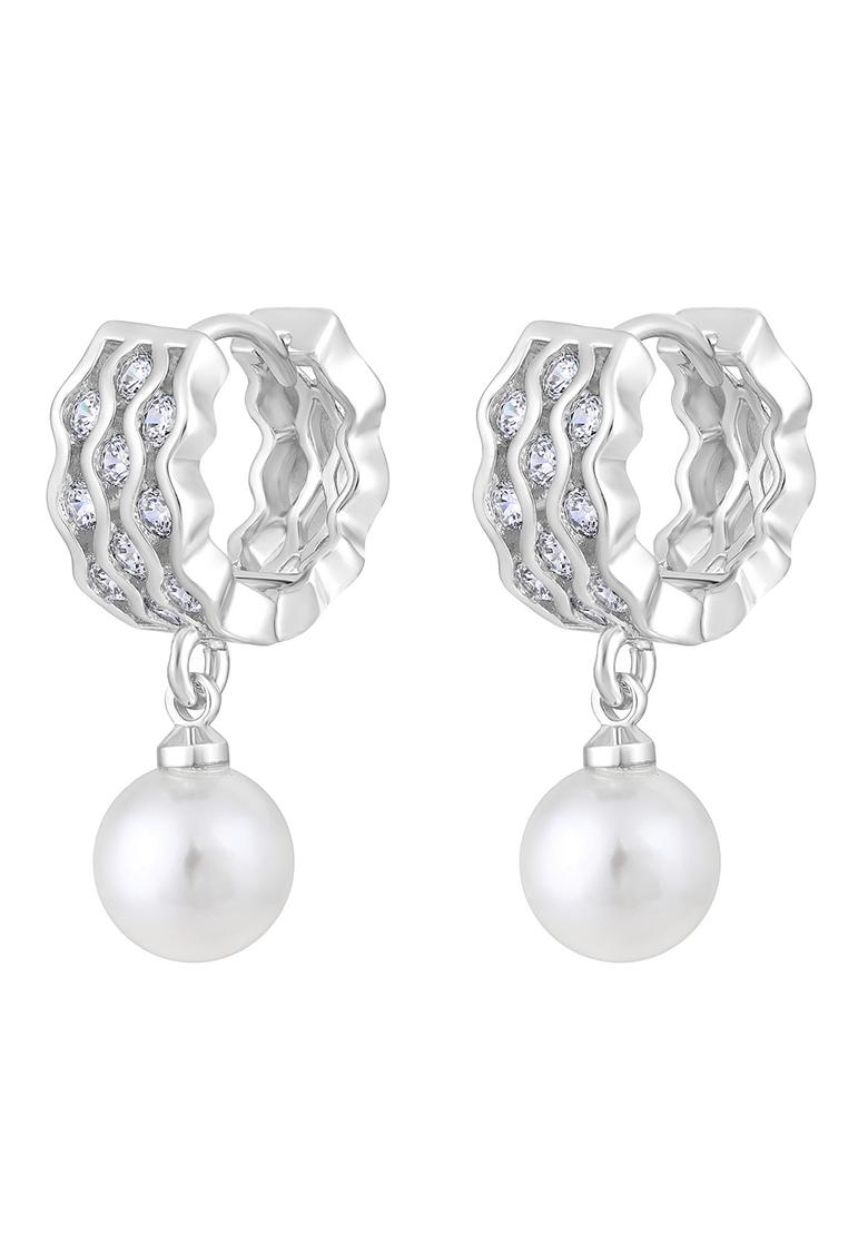 Silver Plated Pearl Beaded Contemporary Hoop Earrings