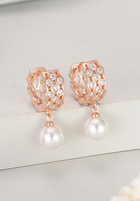 Rose Gold Plated Pearl Beaded Contemporary Drop Earrings