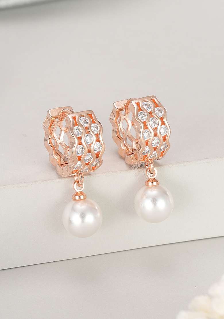 Rose Gold Plated Pearl Beaded Contemporary Drop Earrings - Indya