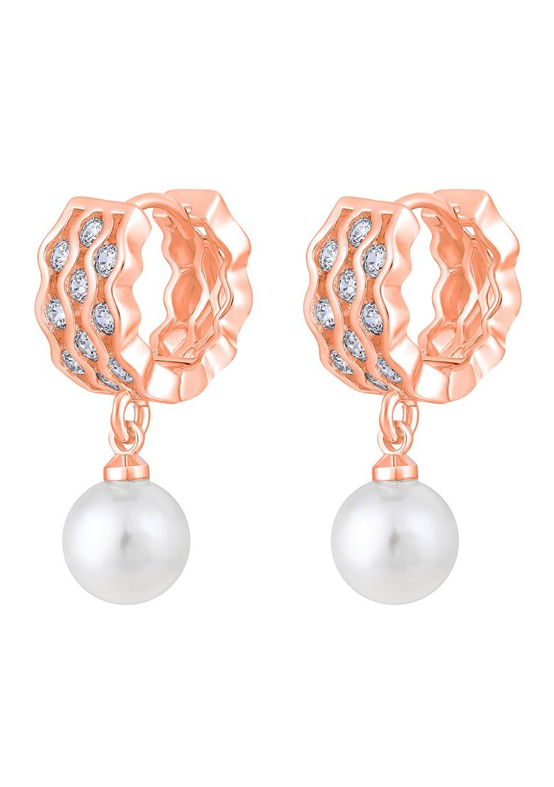 Rose Gold Plated Pearl Beaded Contemporary Drop Earrings