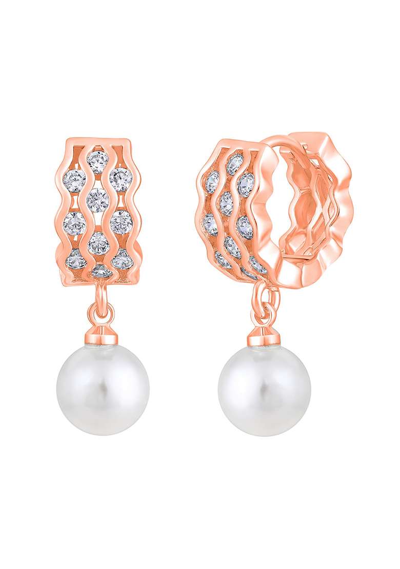Rose Gold Plated Pearl Beaded Contemporary Drop Earrings - Indya