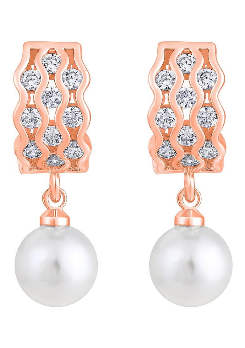 Rose Gold Plated Pearl Beaded Contemporary Drop Earrings