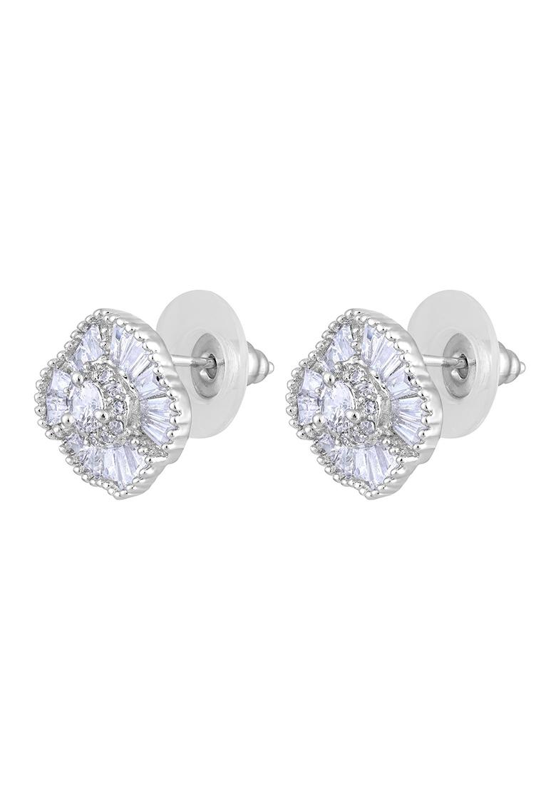 Silver Plated American Diamond Studded Floral Stud Earrings