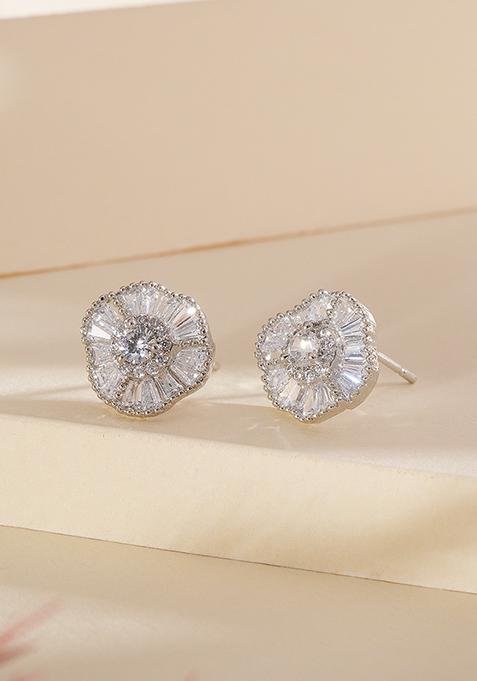 Silver Plated American Diamond Studded Floral Stud Earrings