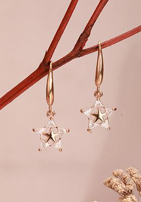 Rhodium Plated White Crystal Studed Star Shaped Drop Earrings