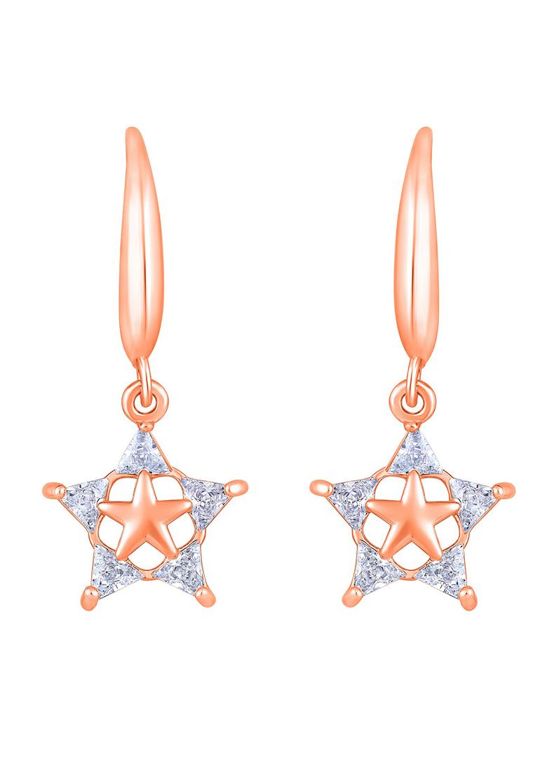 Rhodium Plated White Crystal Studed Star Shaped Drop Earrings