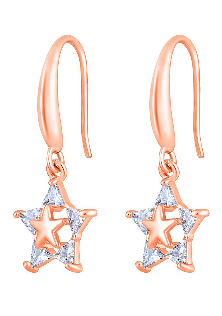 Rhodium Plated White Crystal Studed Star Shaped Drop Earrings