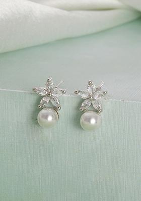 Silver Plated Pearl Studded Floral Drop Earrings