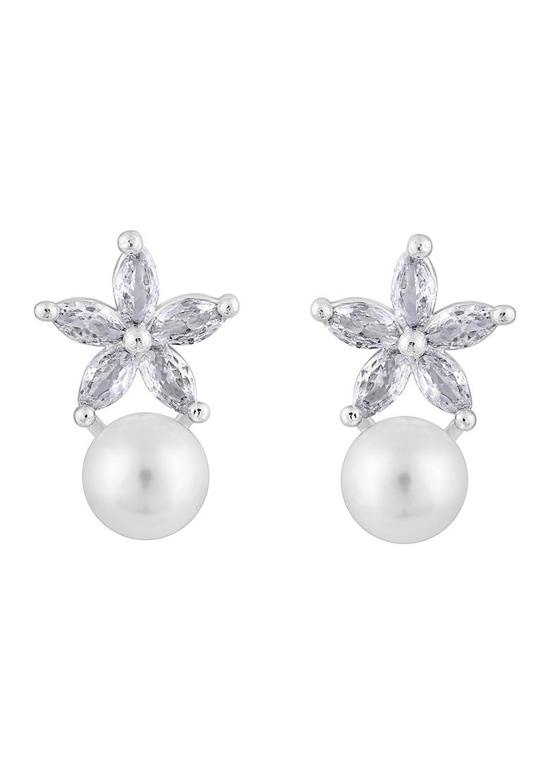 Silver Plated Pearl Studded Floral Drop Earrings