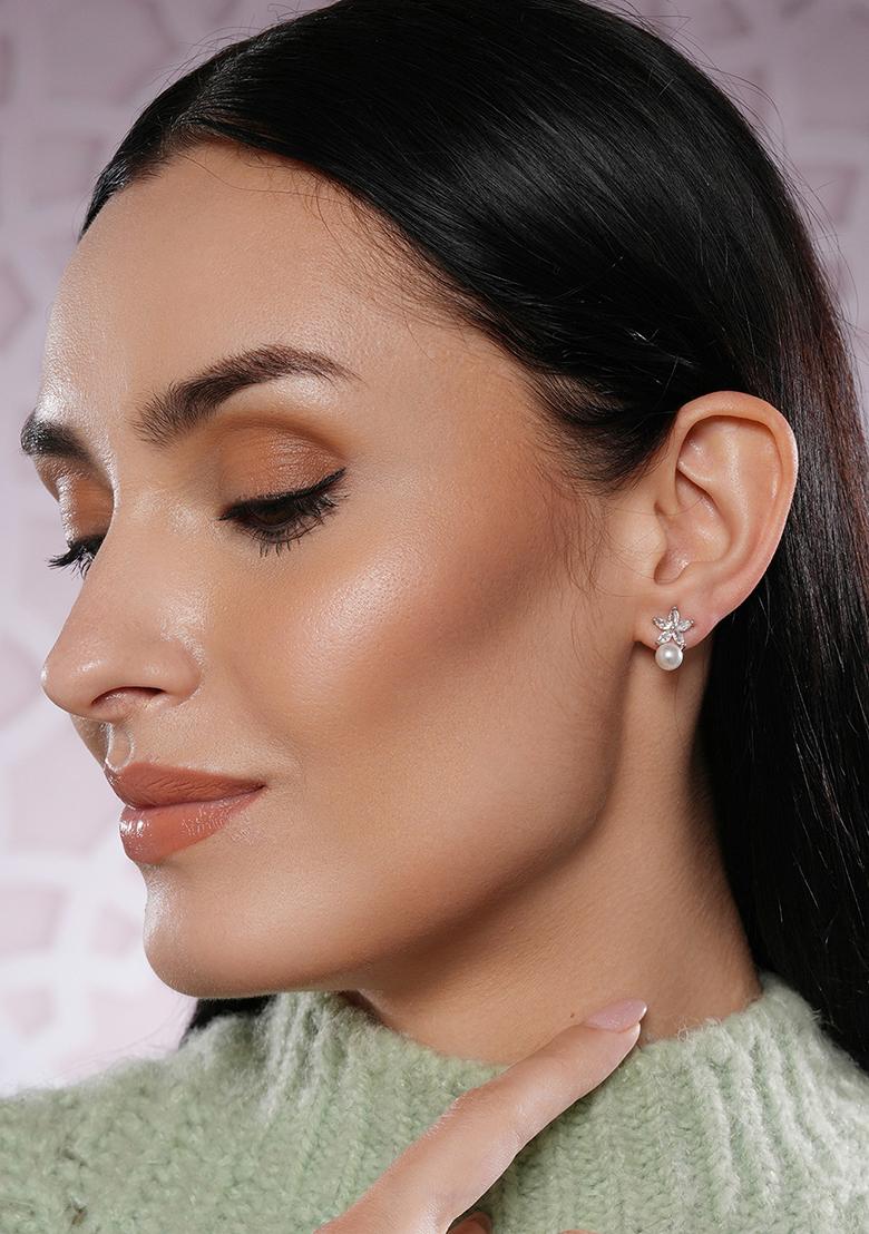 Silver Plated Pearl Studded Floral Drop Earrings