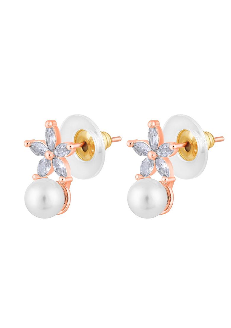 Rose Gold Plated Pearl Studded Floral Stud Earrings