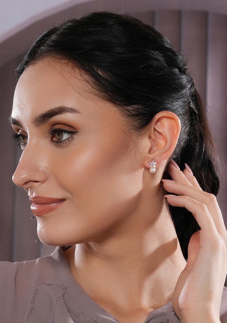 Rose Gold Plated Pearl Studded Floral Stud Earrings