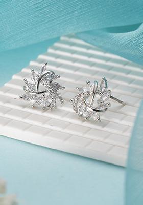 Rhoudium Plated Cz Studded Triangular Floral Studs Earrings