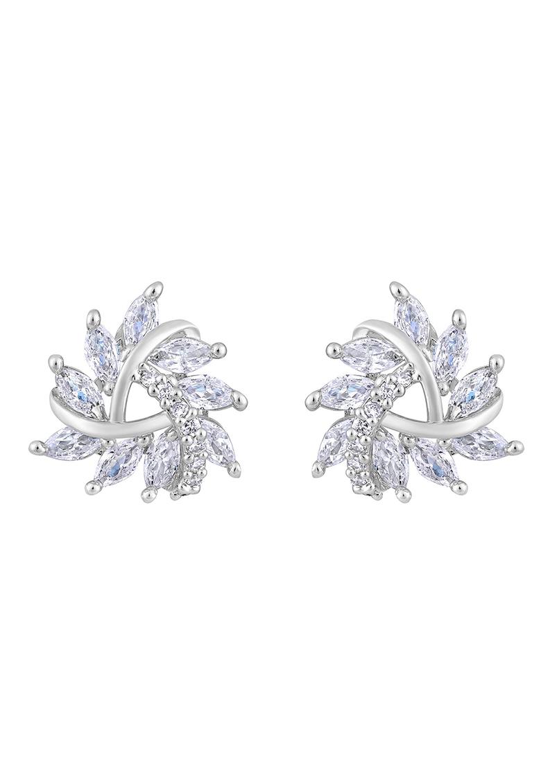 Rhoudium Plated Cz Studded Triangular Floral Studs Earrings
