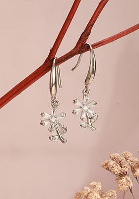 Silver Toned Rhodium Plated Cz Studded Floral Drop Earrings