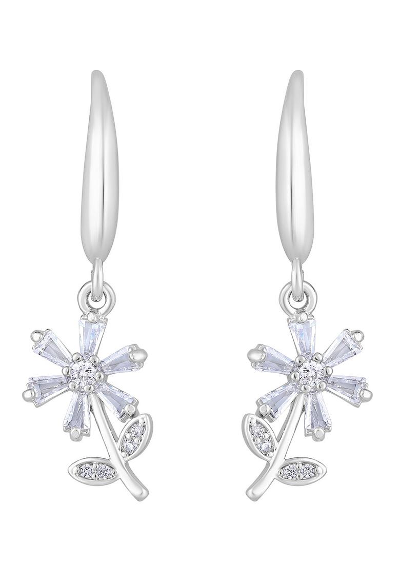 Silver Toned Rhodium Plated Cz Studded Floral Drop Earrings