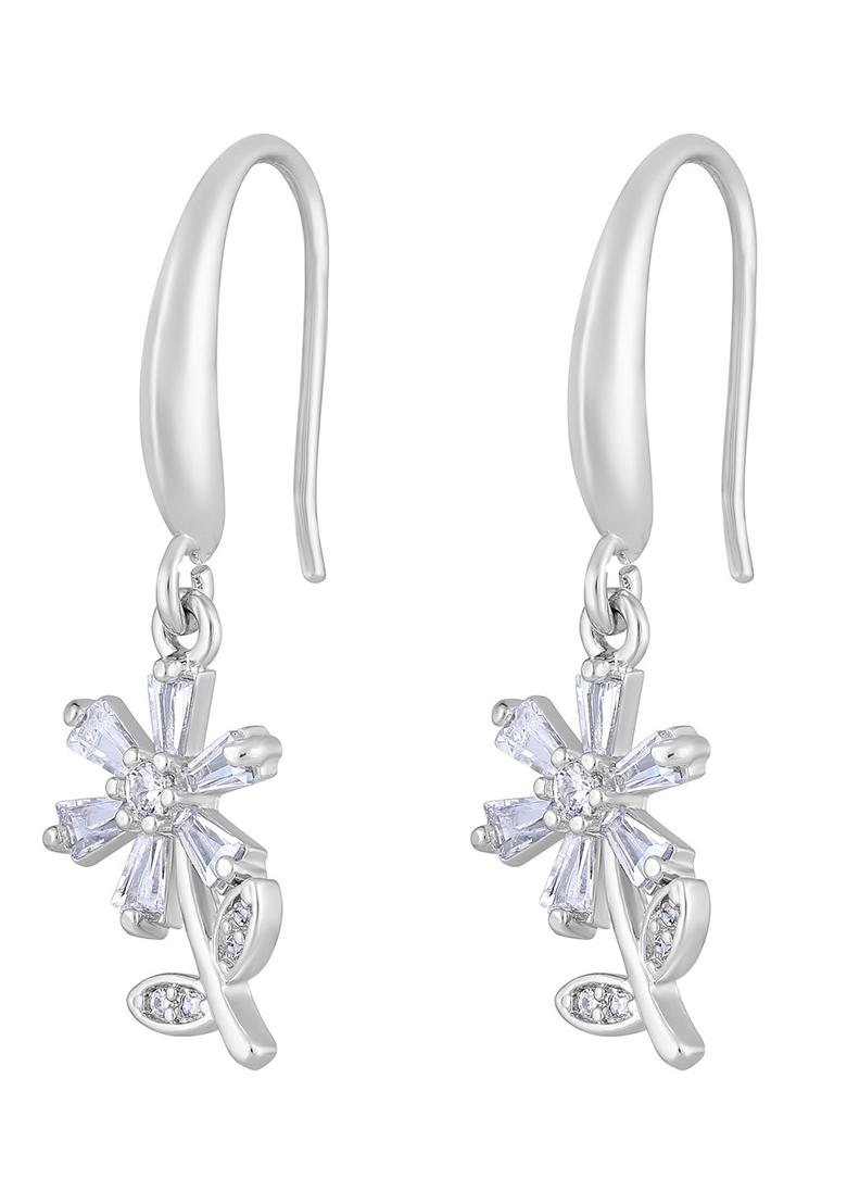 Silver Toned Rhodium Plated Cz Studded Floral Drop Earrings
