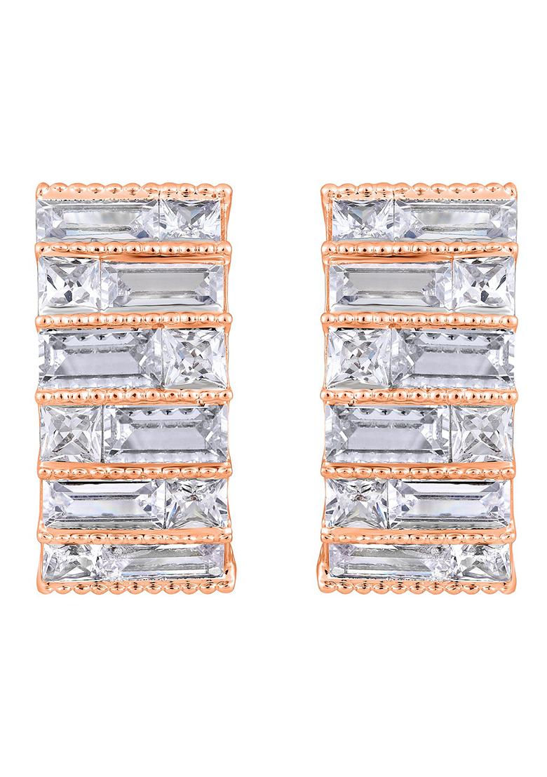 Silver Toned Rose Gold Plated Cz Studded Circular Hoop Earrings