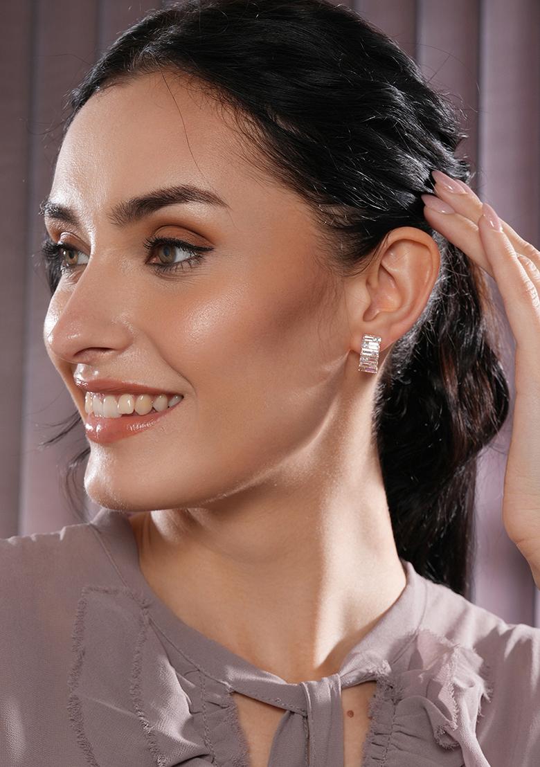 Silver Toned Rose Gold Plated Cz Studded Circular Hoop Earrings