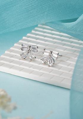 Silver Plated American Diamond Studded Bow Shaped Contemporary Studs