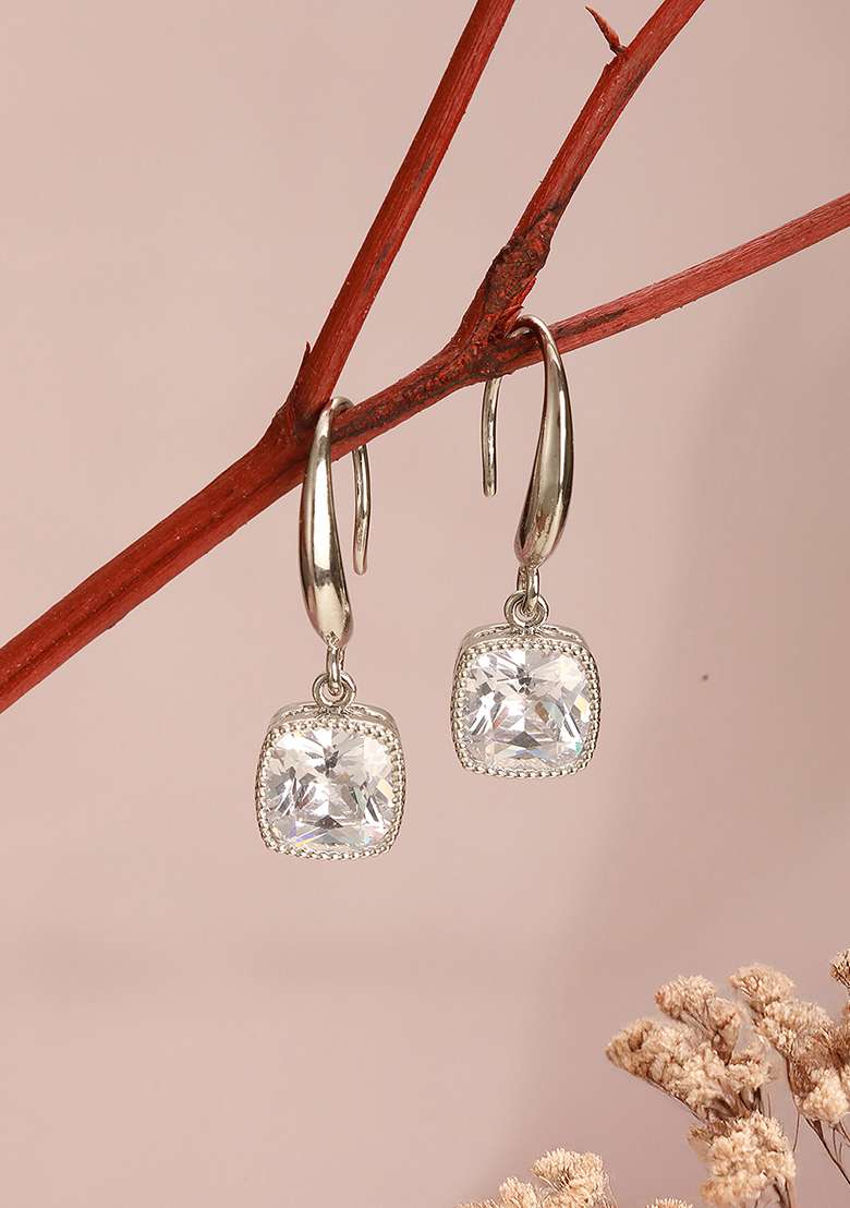 Silver Rhodium Plated Cubic Zirconia Contemporary Square Drop Earrings - Indya