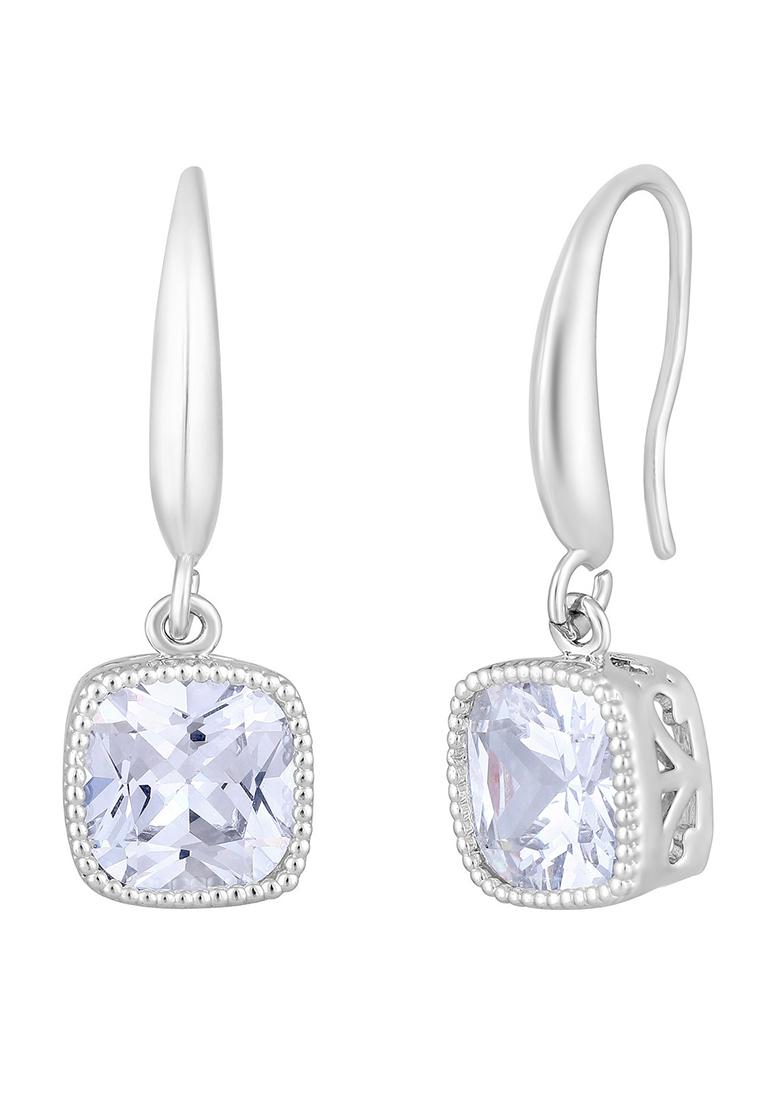 Silver Rhodium Plated Cubic Zirconia Contemporary Square Drop Earrings