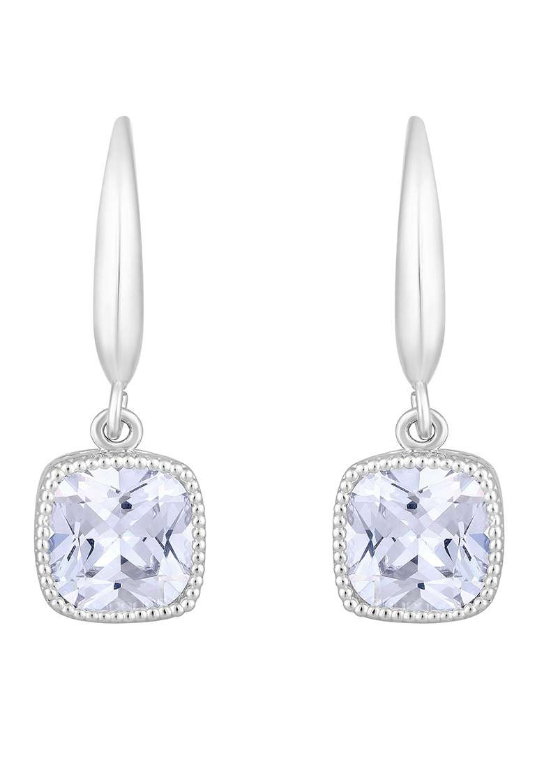 Silver Rhodium Plated Cubic Zirconia Contemporary Square Drop Earrings - Indya
