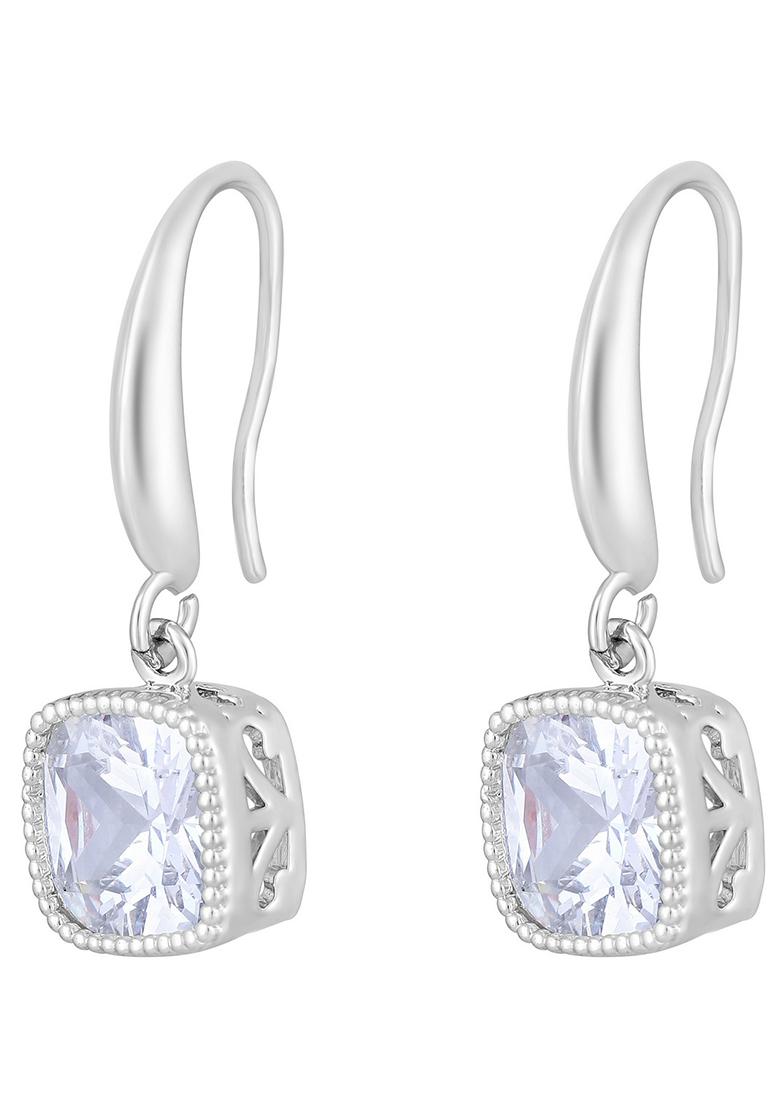 Silver Rhodium Plated Cubic Zirconia Contemporary Square Drop Earrings