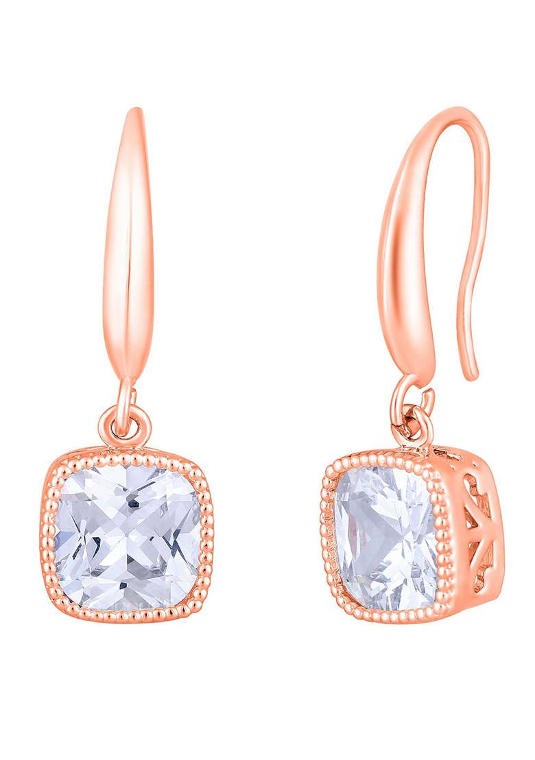 Rose Gold Plated Cubic Zirconia Contemporary Square Drop Earrings - Indya