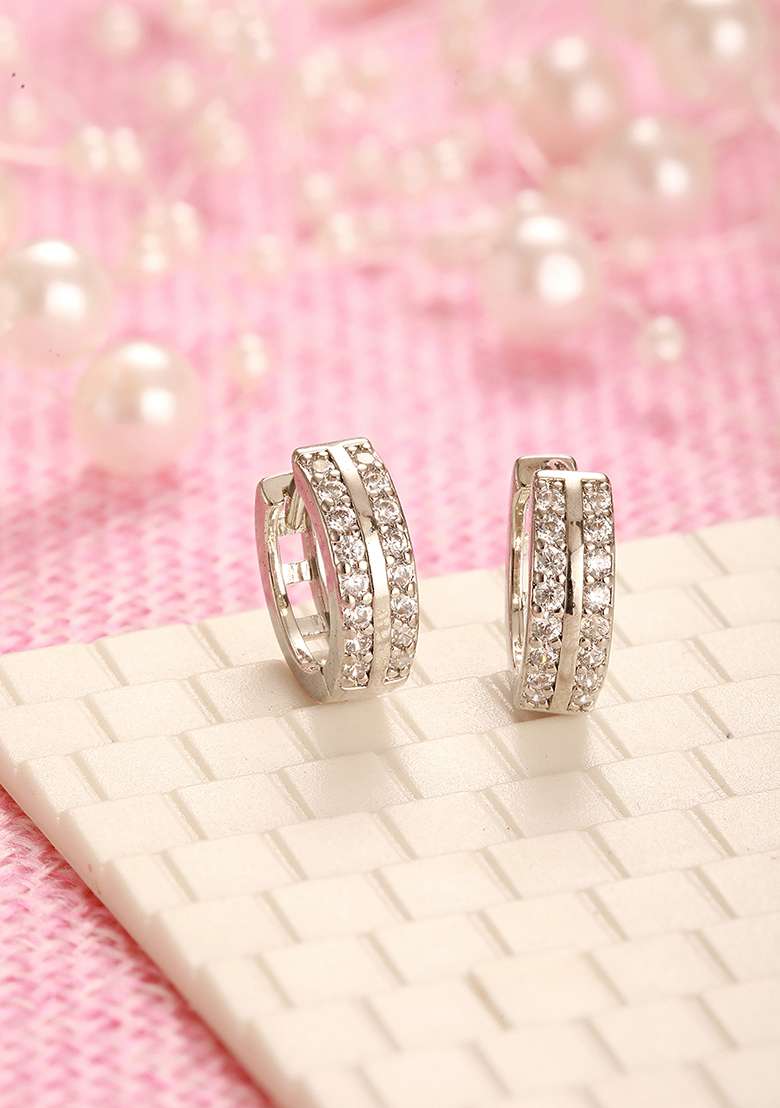 Rhodium Plated Geometric Hoop Earrings - Indya