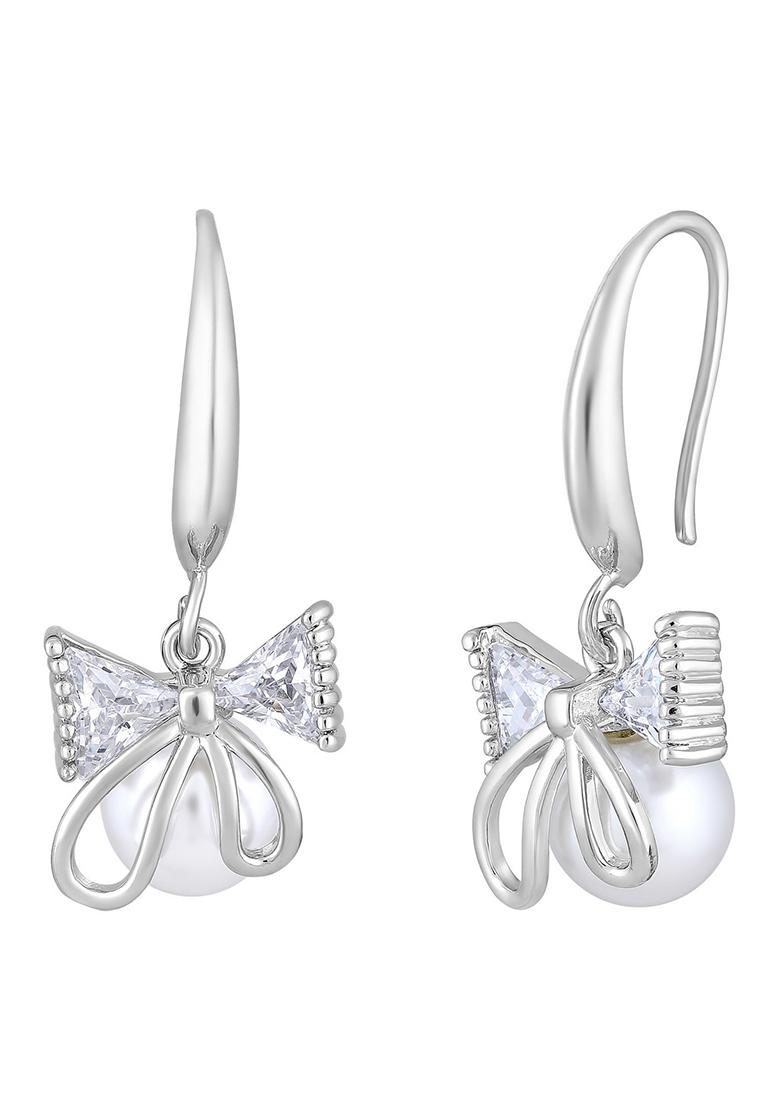 Rhodium Plated White Pearl And Crystal Studded Drop Earrings