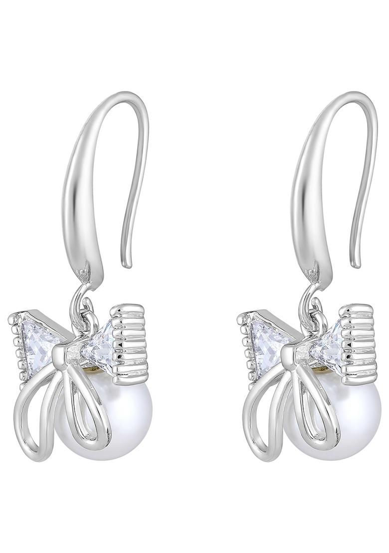 Rhodium Plated White Pearl And Crystal Studded Drop Earrings
