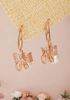 Rose Gold Plated White Pearl And Crystal Studded Drop Earrings