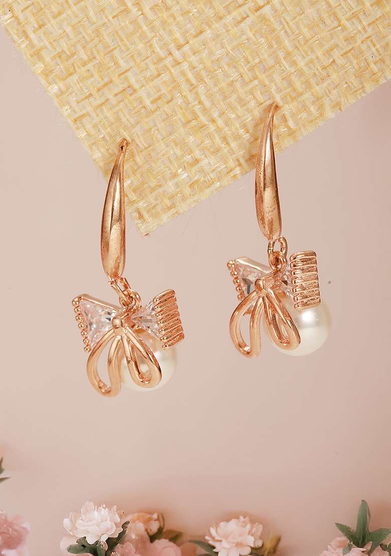 Rose Gold Plated White Pearl And Crystal Studded Drop Earrings - Indya