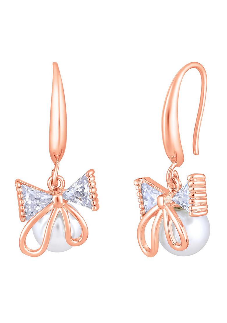 Rose Gold Plated White Pearl And Crystal Studded Drop Earrings