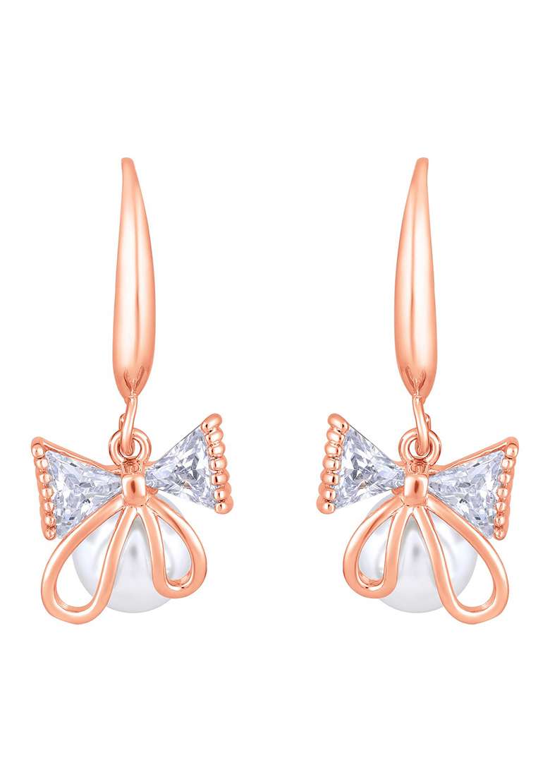 Rose Gold Plated White Pearl And Crystal Studded Drop Earrings - Indya