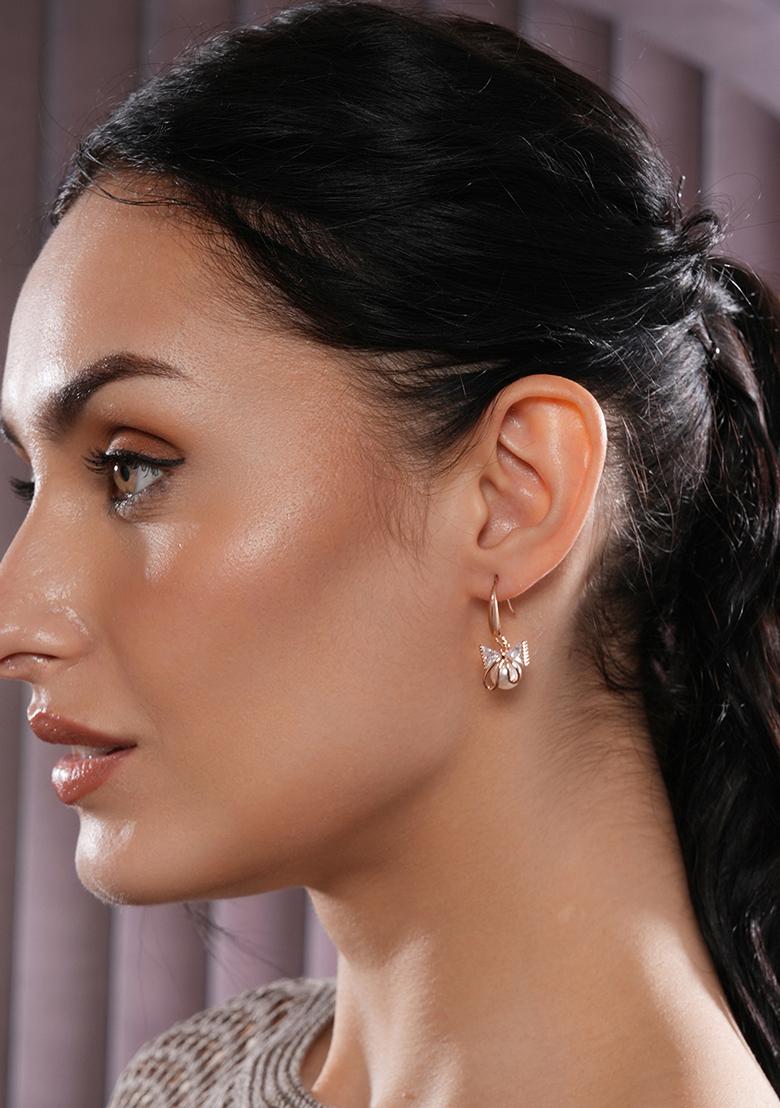 Rose Gold Plated White Pearl And Crystal Studded Drop Earrings