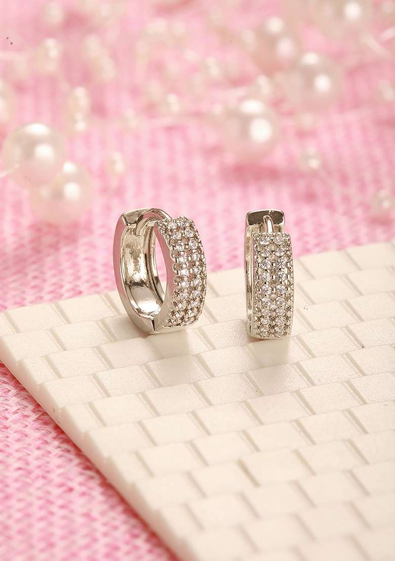 Silver Toned Rhodium Plated Cz Studded Circular Hoop Earrings - Indya