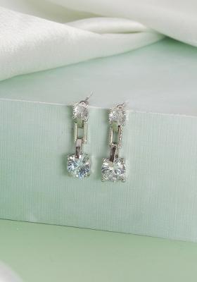 Silver Toned And White Crystal Studdd Circular Shape Drop Earrings