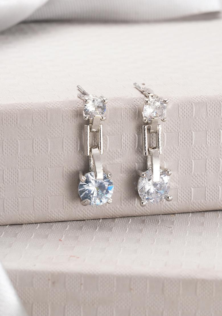 Silver Toned And White Crystal Studdd Circular Shape Drop Earrings